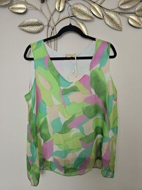 NWT Sleeveless Abstract Print Tank Top - Green & Pink Silk Made In ITALY Size L